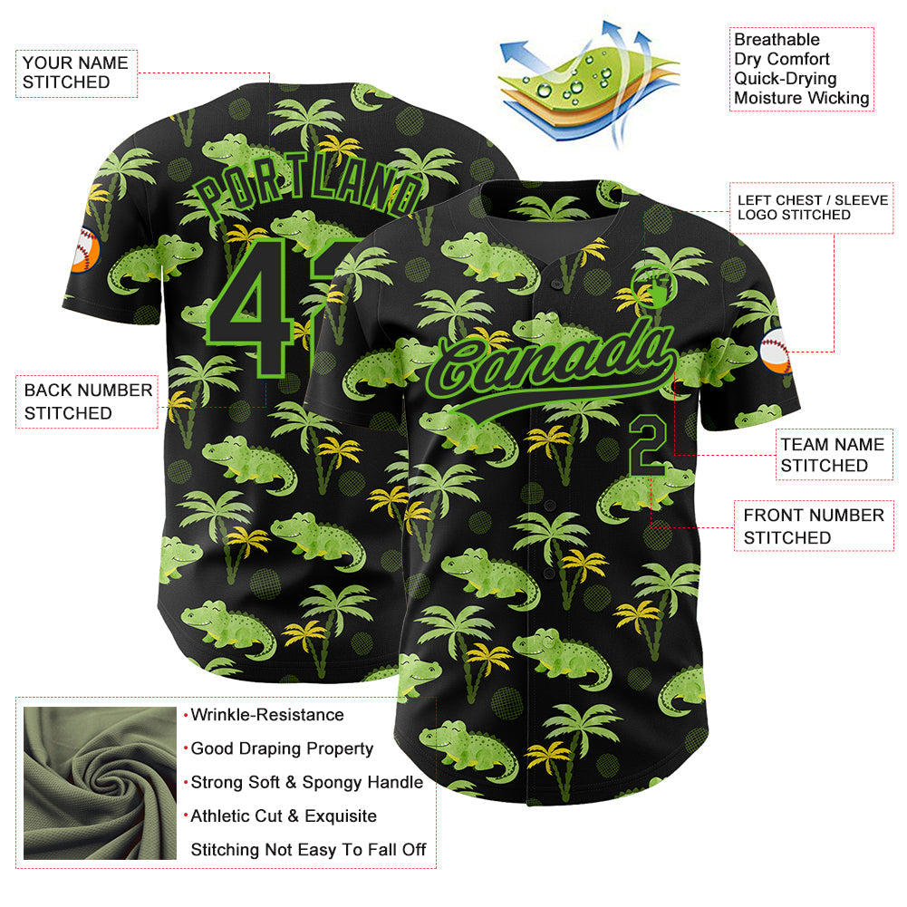 Custom Black Aurora Green 3D Pattern Design Crocodile And Tropical Hawaii Palm Trees Authentic Baseball Jersey view 3