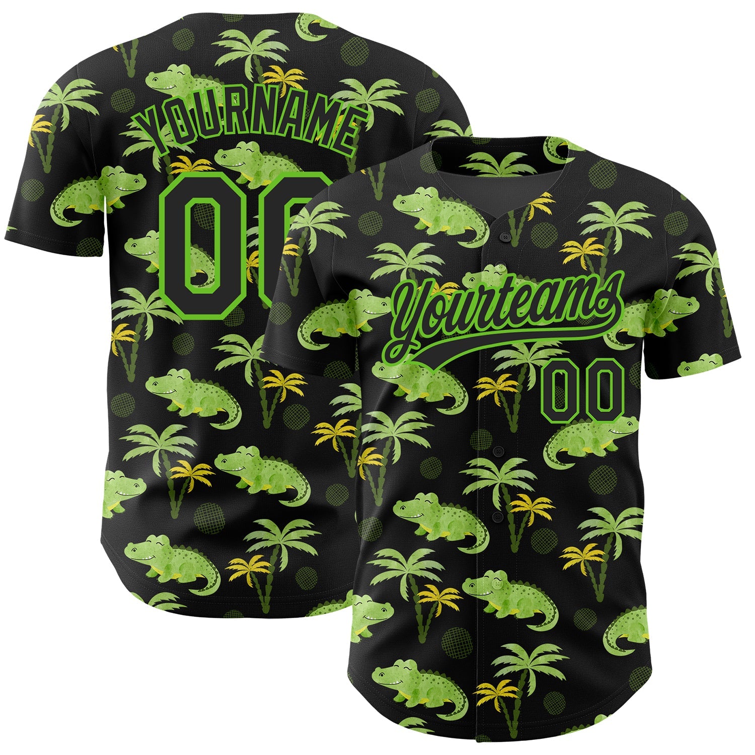 Custom Black Aurora Green 3D Pattern Design Crocodile And Tropical Hawaii Palm Trees Authentic Baseball Jersey - Main View