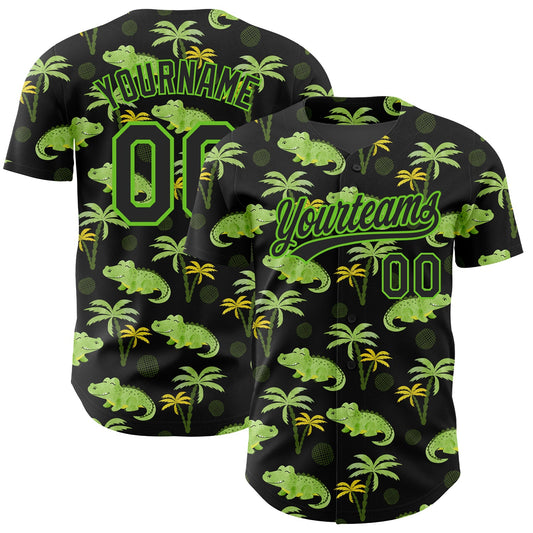 Custom Black Aurora Green 3D Pattern Design Crocodile And Tropical Hawaii Palm Trees Authentic Baseball Jersey - Main View