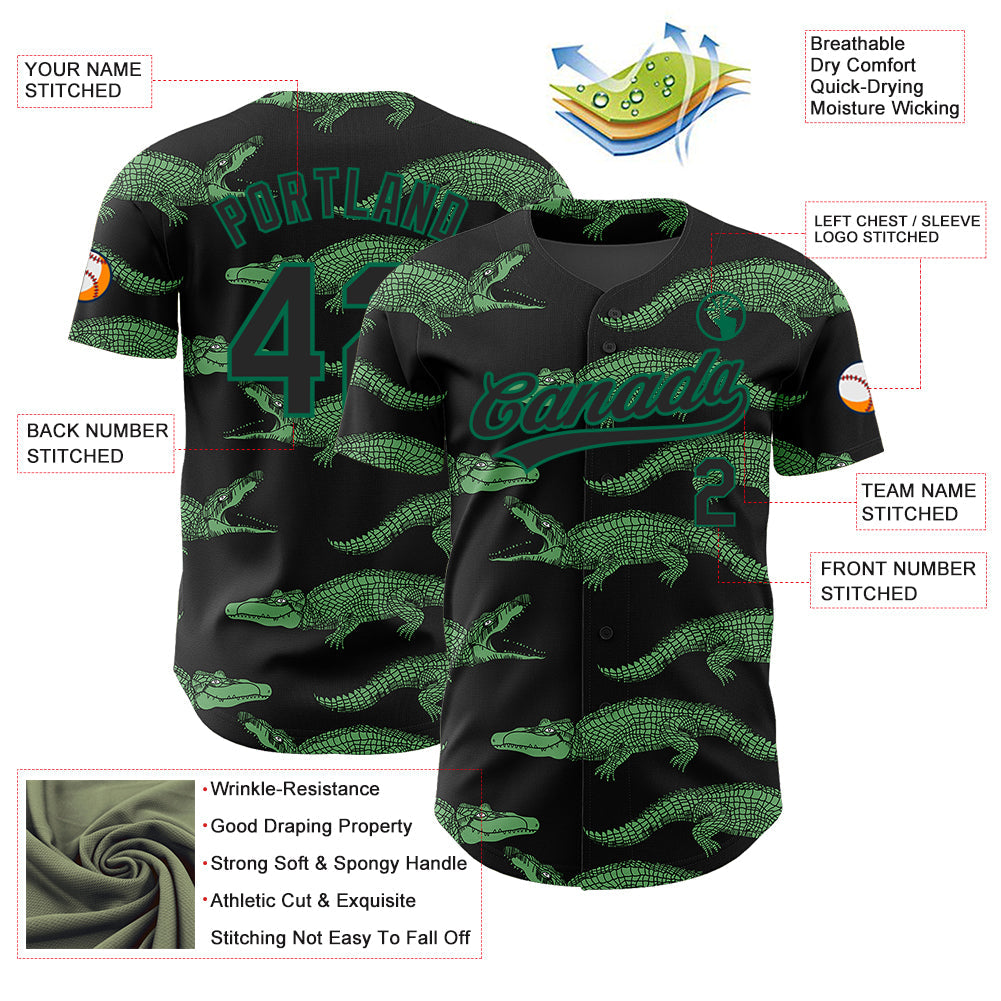 Custom Black Kelly Green 3D Pattern Design Crocodile Authentic Baseball Jersey view 3