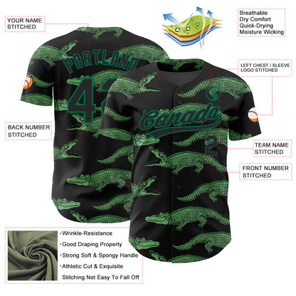 Custom Black Kelly Green 3D Pattern Design Crocodile Authentic Baseball Jersey view 3