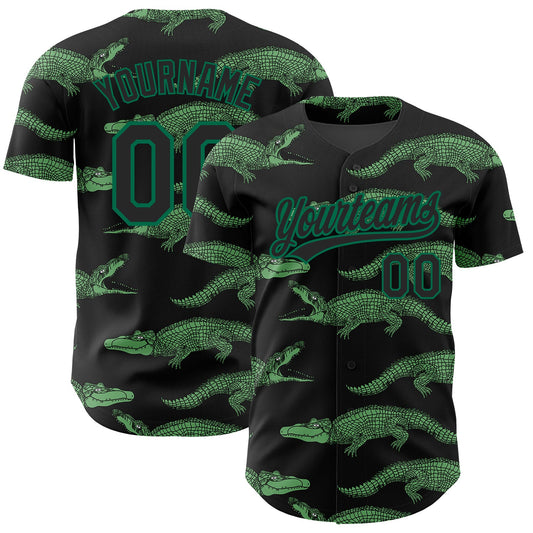 Custom Black Kelly Green 3D Pattern Design Crocodile Authentic Baseball Jersey - Main View