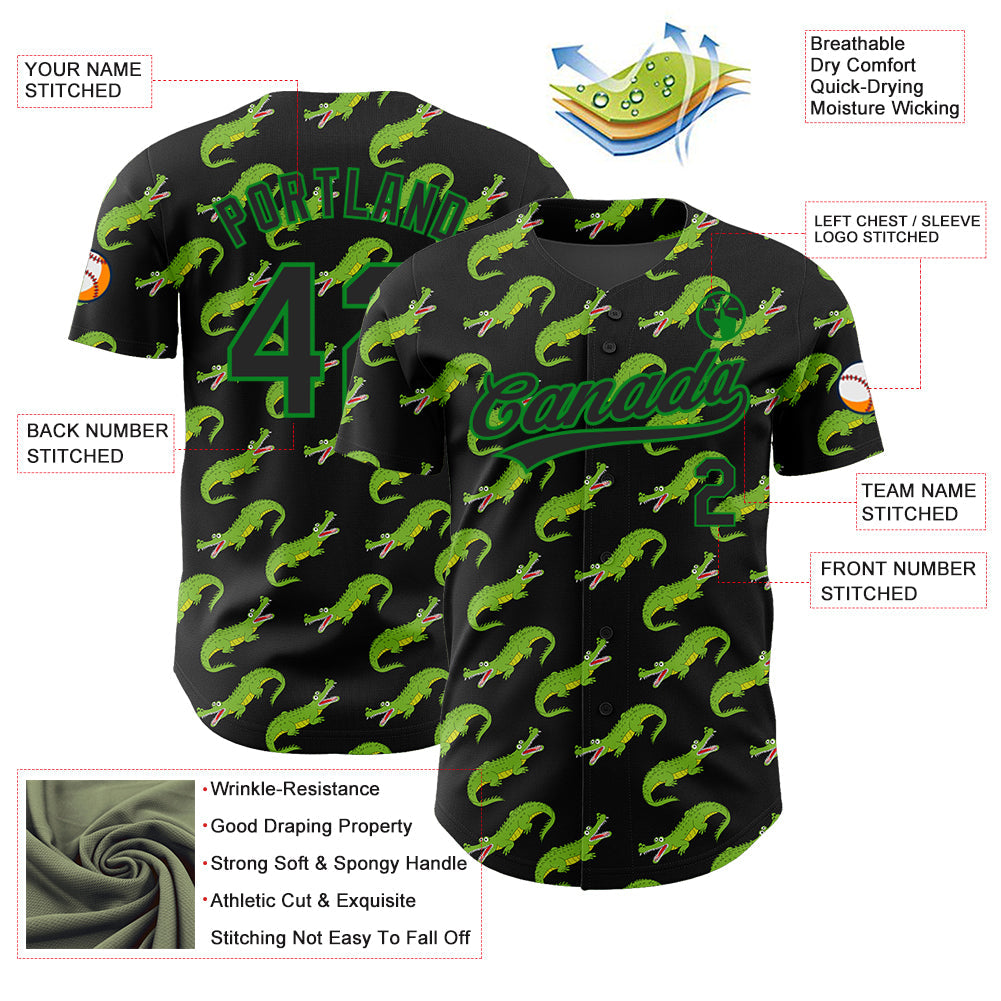 Custom Black Grass Green 3D Pattern Design Crocodile Authentic Baseball Jersey view 3