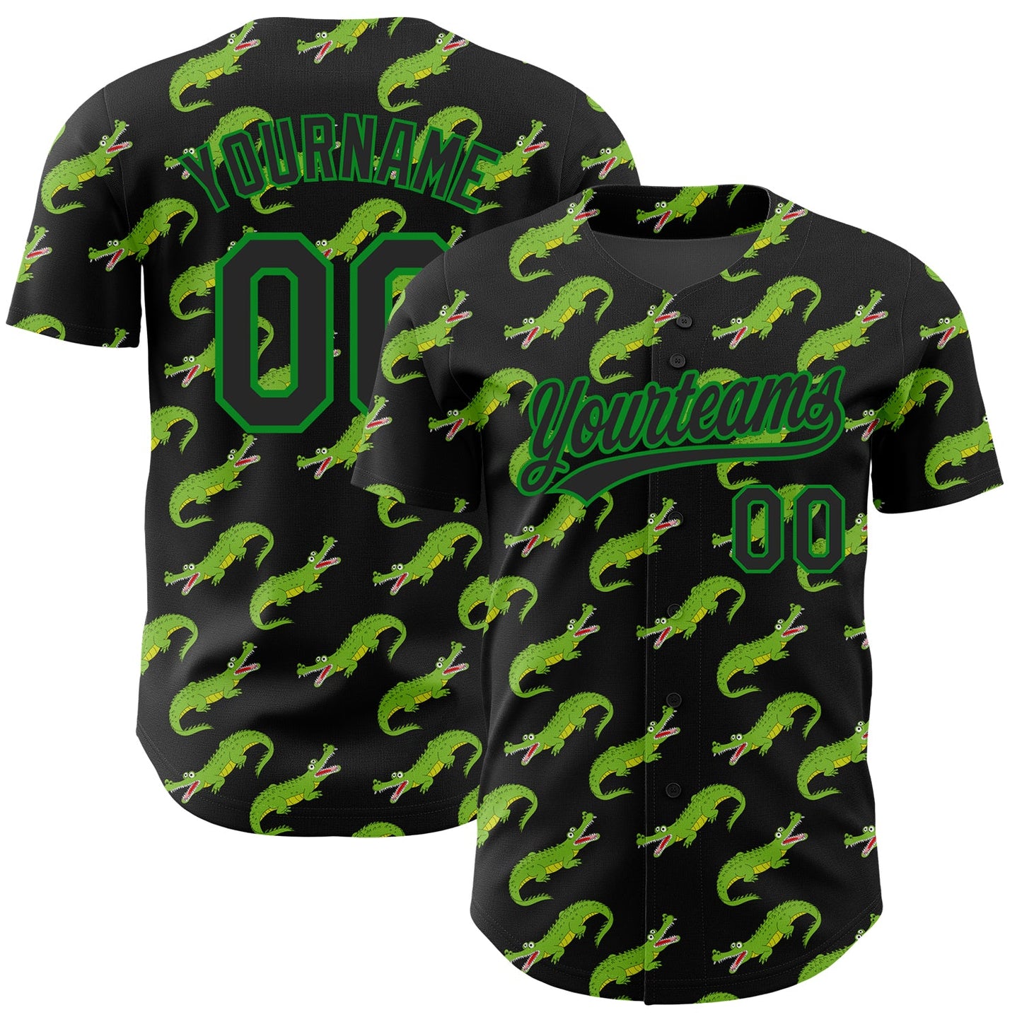 Custom Black Grass Green 3D Pattern Design Crocodile Authentic Baseball Jersey - Main View