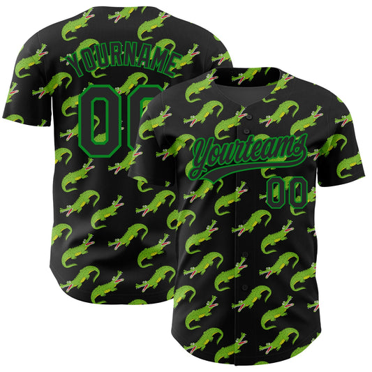Custom Black Grass Green 3D Pattern Design Crocodile Authentic Baseball Jersey - Main View