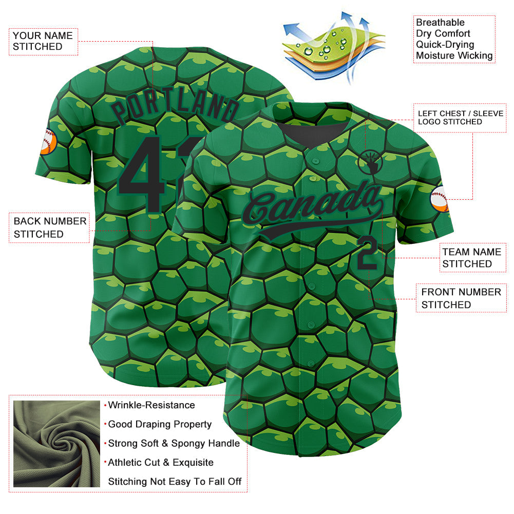 Custom Kelly Green Black 3D Pattern Design Turtle Shell Authentic Baseball Jersey view 3