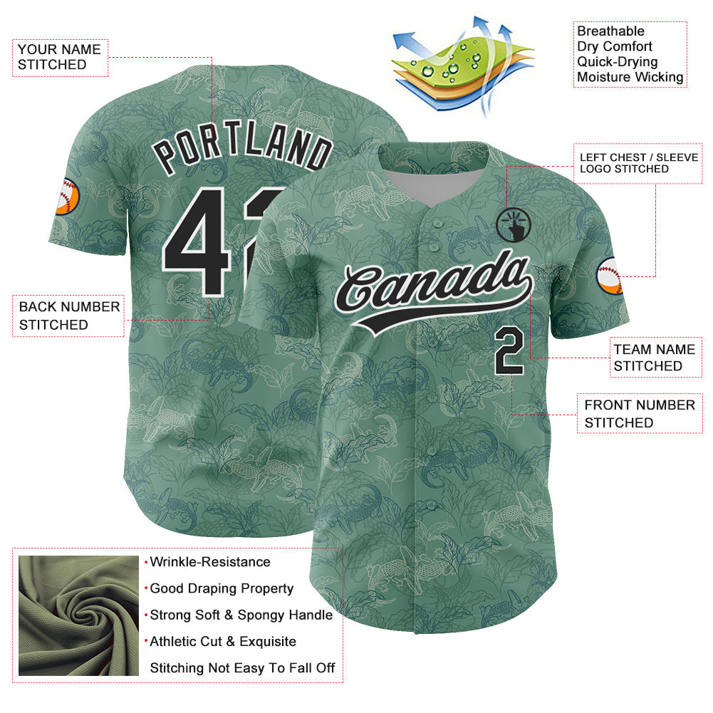 Custom Green Black-White 3D Pattern Design Crocodile And Plant Authentic Baseball Jersey view 3