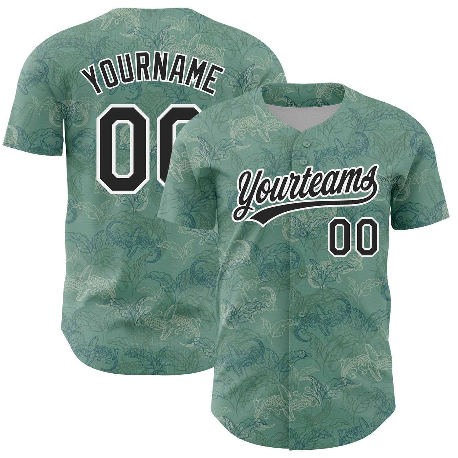 Custom Green Black-White 3D Pattern Design Crocodile And Plant Authentic Baseball Jersey - Main View