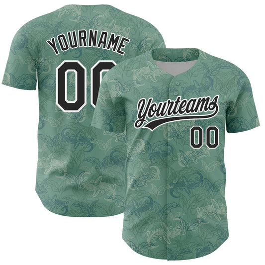 Custom Green Black-White 3D Pattern Design Crocodile And Plant Authentic Baseball Jersey - Main View