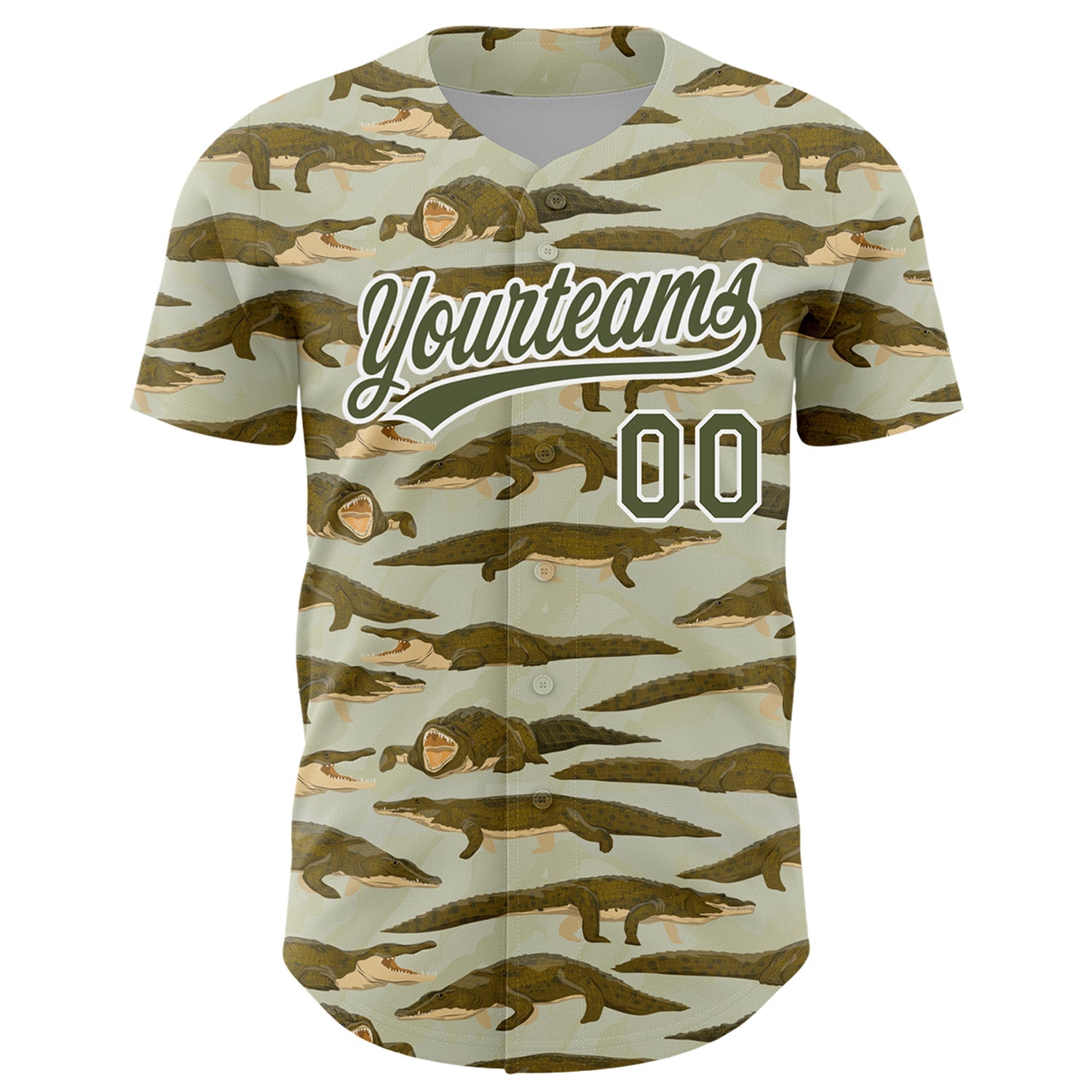 Custom Olive White 3D Pattern Design Crocodile Authentic Baseball Jersey view 2