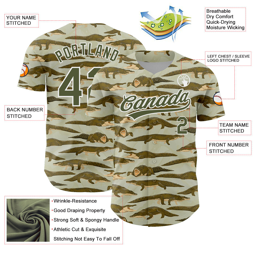 Custom Olive White 3D Pattern Design Crocodile Authentic Baseball Jersey view 3
