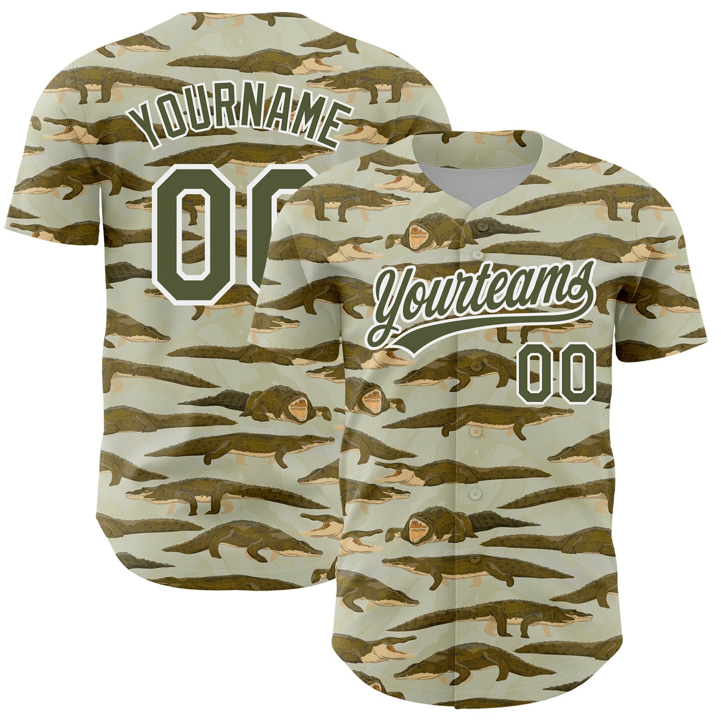 Custom Olive White 3D Pattern Design Crocodile Authentic Baseball Jersey - Main View
