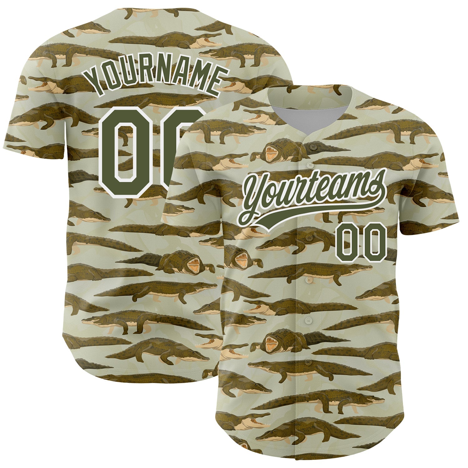 Custom Olive White 3D Pattern Design Crocodile Authentic Baseball Jersey - Main View