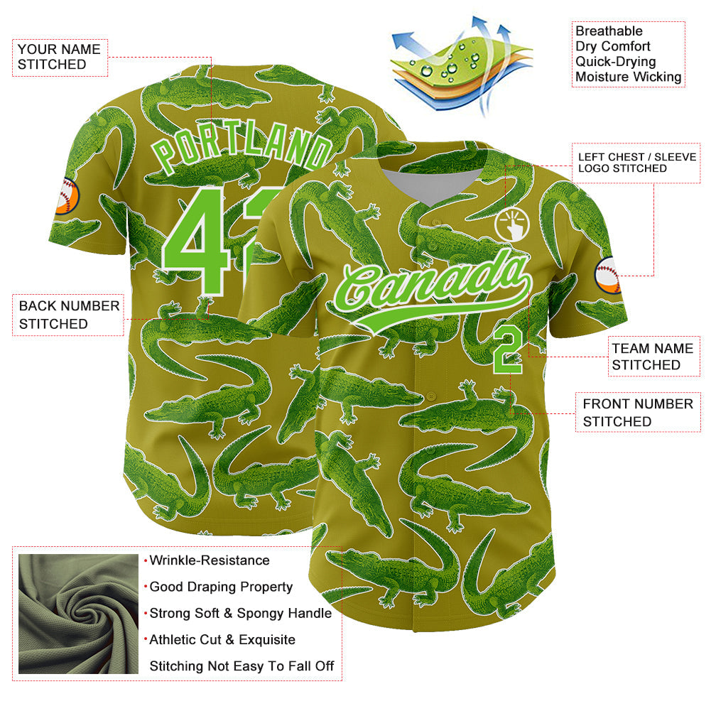 Custom Olive Aurora Green-White 3D Pattern Design Crocodile Authentic Baseball Jersey view 3