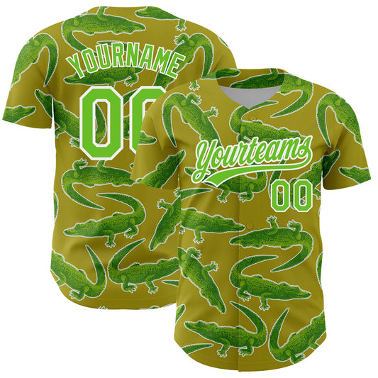 Custom Olive Aurora Green-White 3D Pattern Design Crocodile Authentic Baseball Jersey - Main View