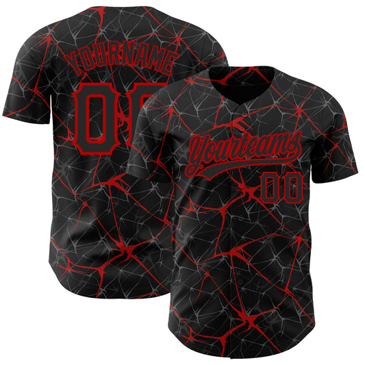 Custom Black Red 3D Pattern Design Abstract Network Authentic Baseball Jersey - Main View