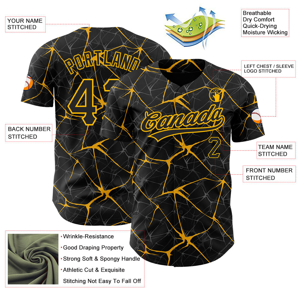 Custom Black Gold 3D Pattern Design Abstract Network Authentic Baseball Jersey view 3