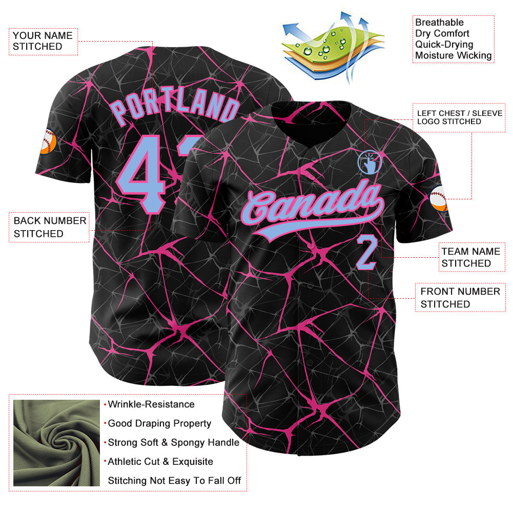 Custom Black Light Blue-Pink 3D Pattern Design Abstract Network Authentic Baseball Jersey view 3