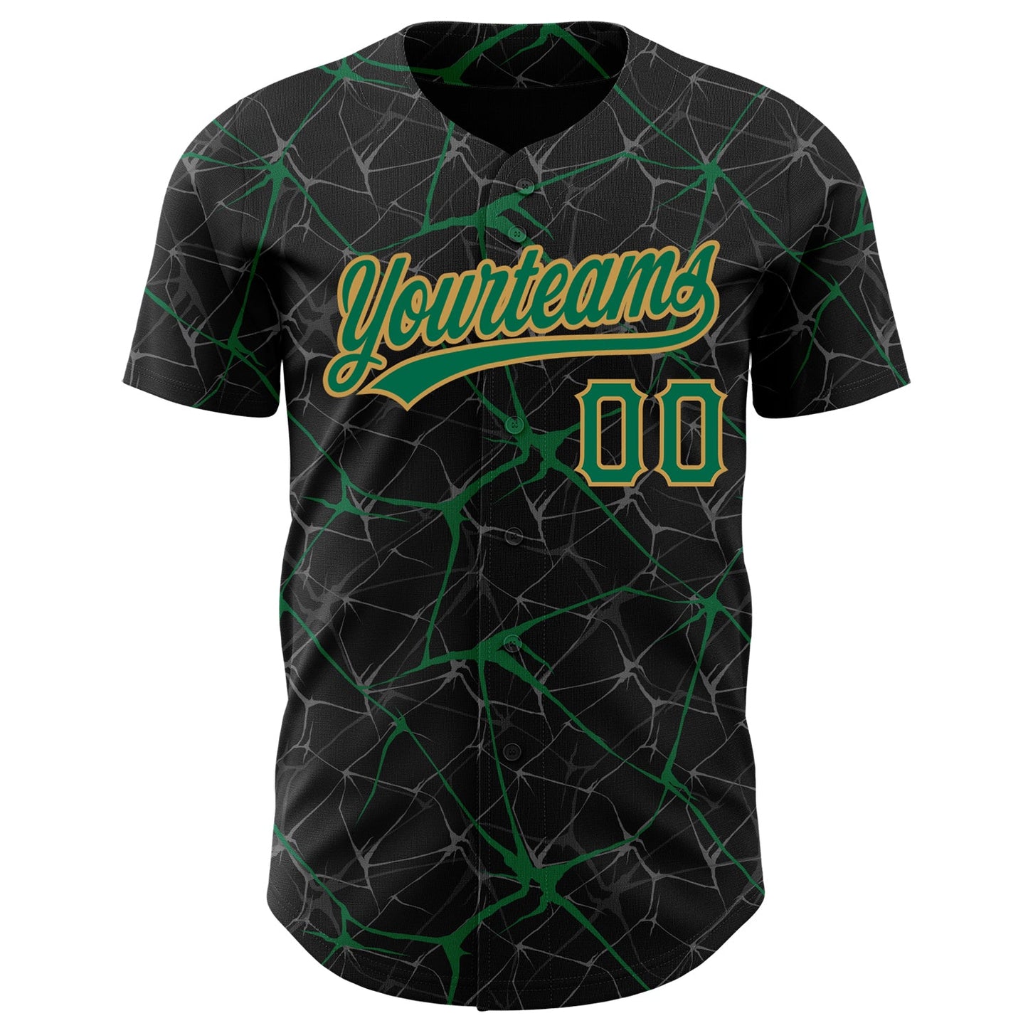 Custom Black Kelly Green-Old Gold 3D Pattern Design Abstract Network Authentic Baseball Jersey view 2