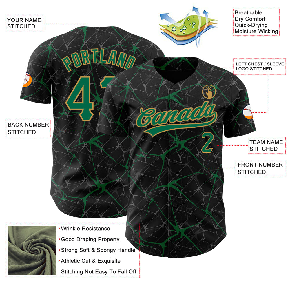 Custom Black Kelly Green-Old Gold 3D Pattern Design Abstract Network Authentic Baseball Jersey view 3
