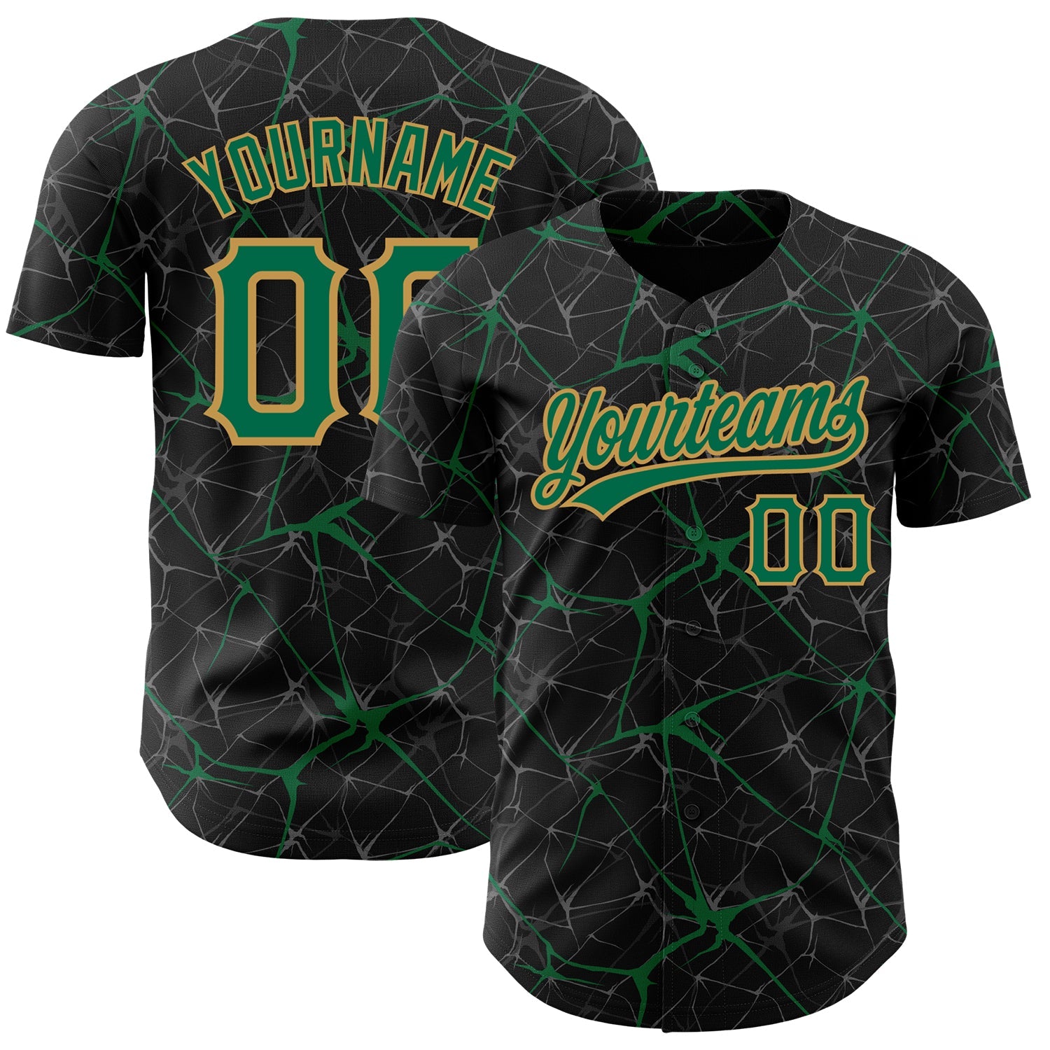 Custom Black Kelly Green-Old Gold 3D Pattern Design Abstract Network Authentic Baseball Jersey - Main View