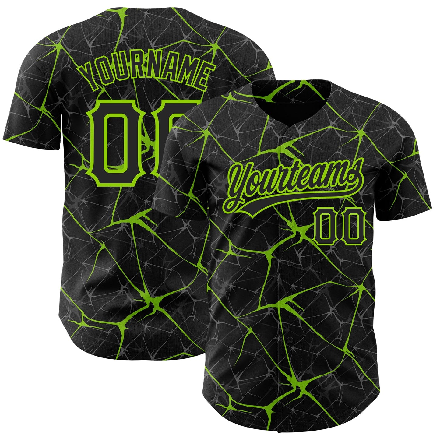 Custom Black Neon Green 3D Pattern Design Abstract Network Authentic Baseball Jersey - Main View