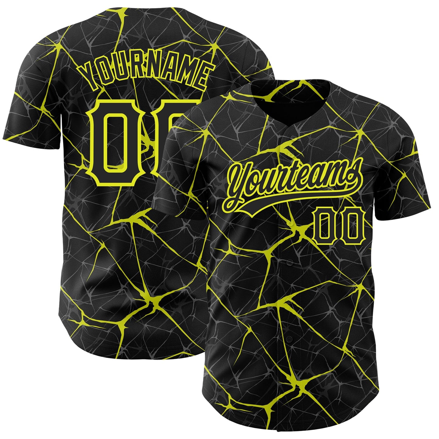 Custom Black Neon Yellow 3D Pattern Design Abstract Network Authentic Baseball Jersey - Main View