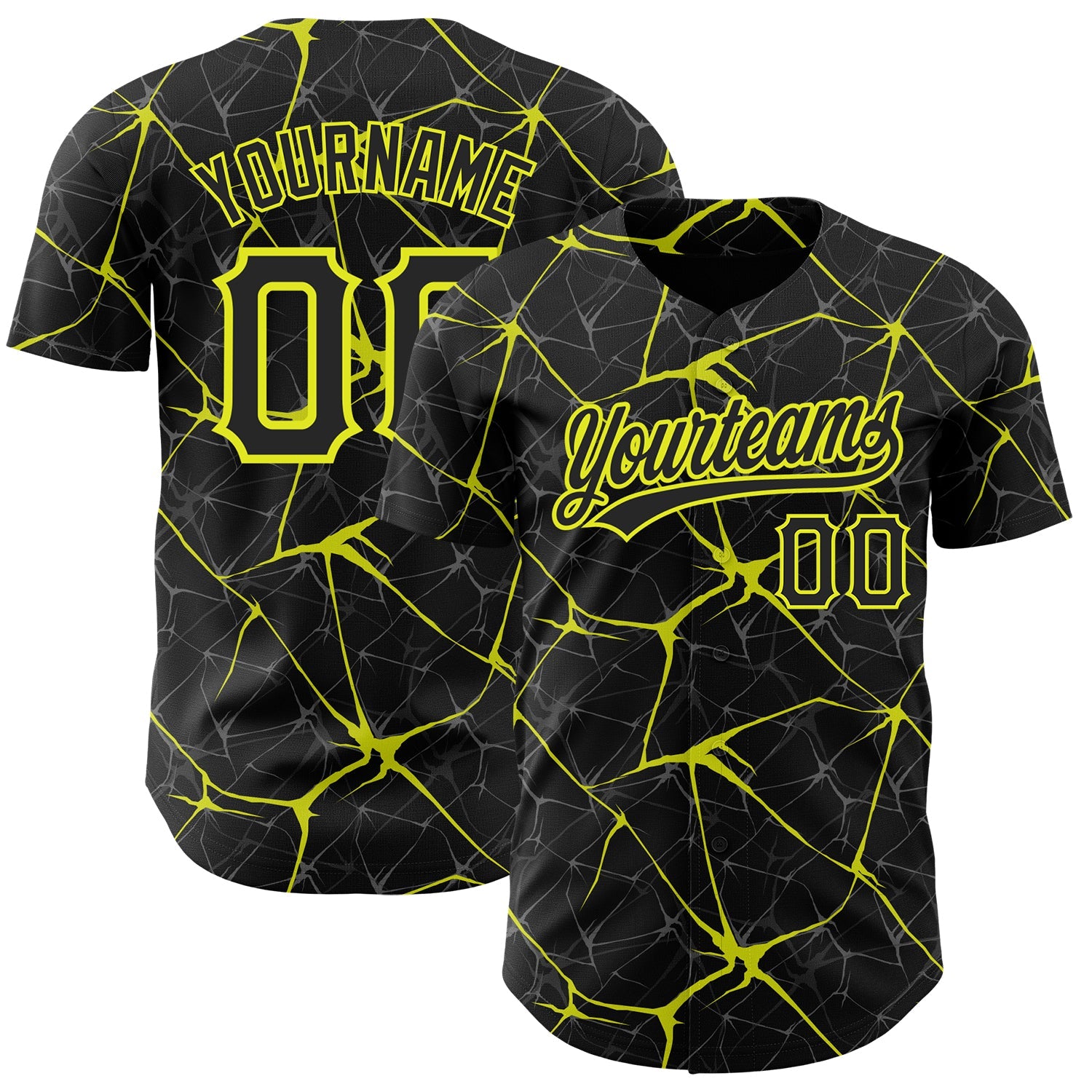 Custom Black Neon Yellow 3D Pattern Design Abstract Network Authentic Baseball Jersey - Main View