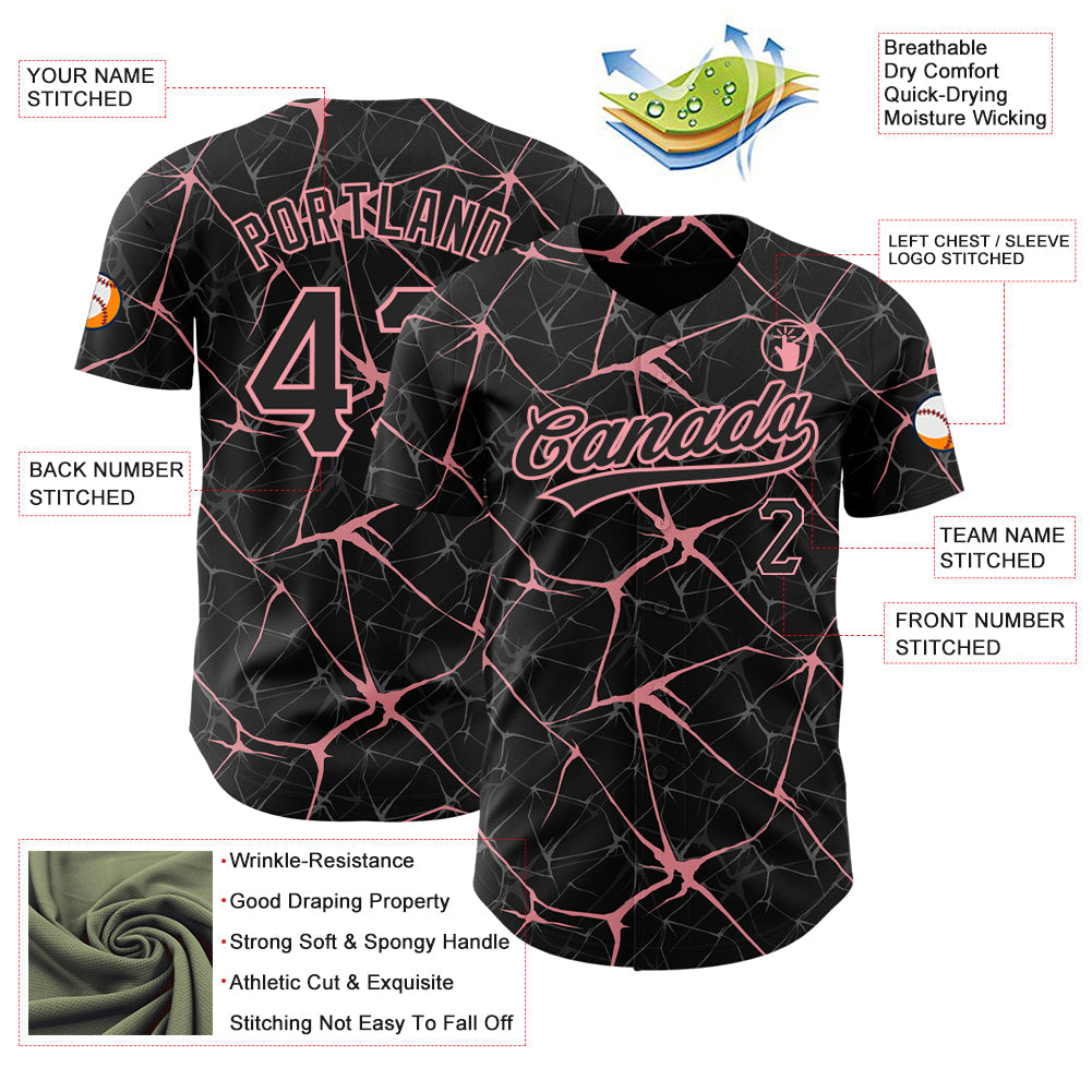 Custom Black Medium Pink 3D Pattern Design Abstract Network Authentic Baseball Jersey view 3