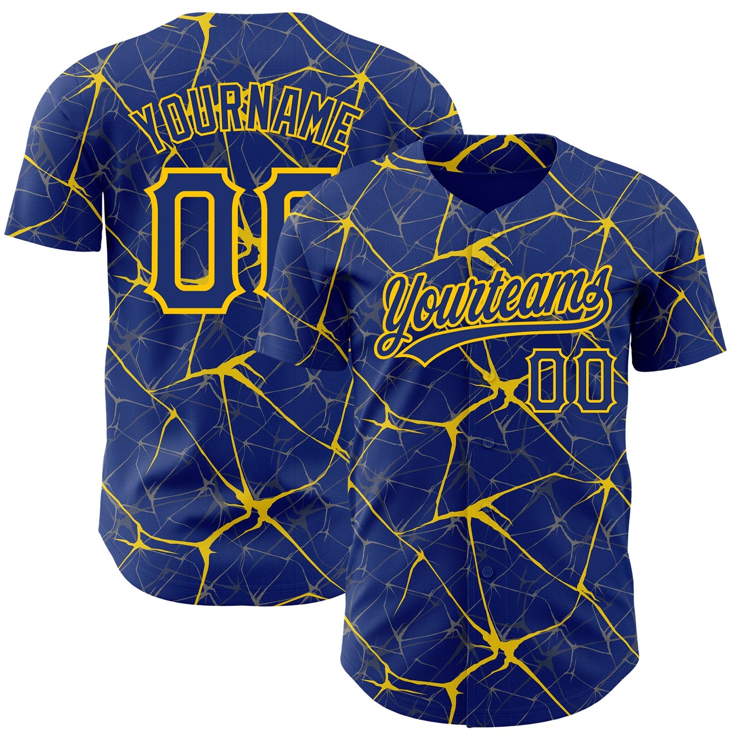 Custom Royal Yellow 3D Pattern Design Abstract Network Authentic Baseball Jersey - Main View