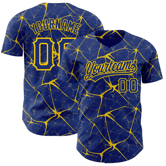 Custom Royal Yellow 3D Pattern Design Abstract Network Authentic Baseball Jersey - Main View