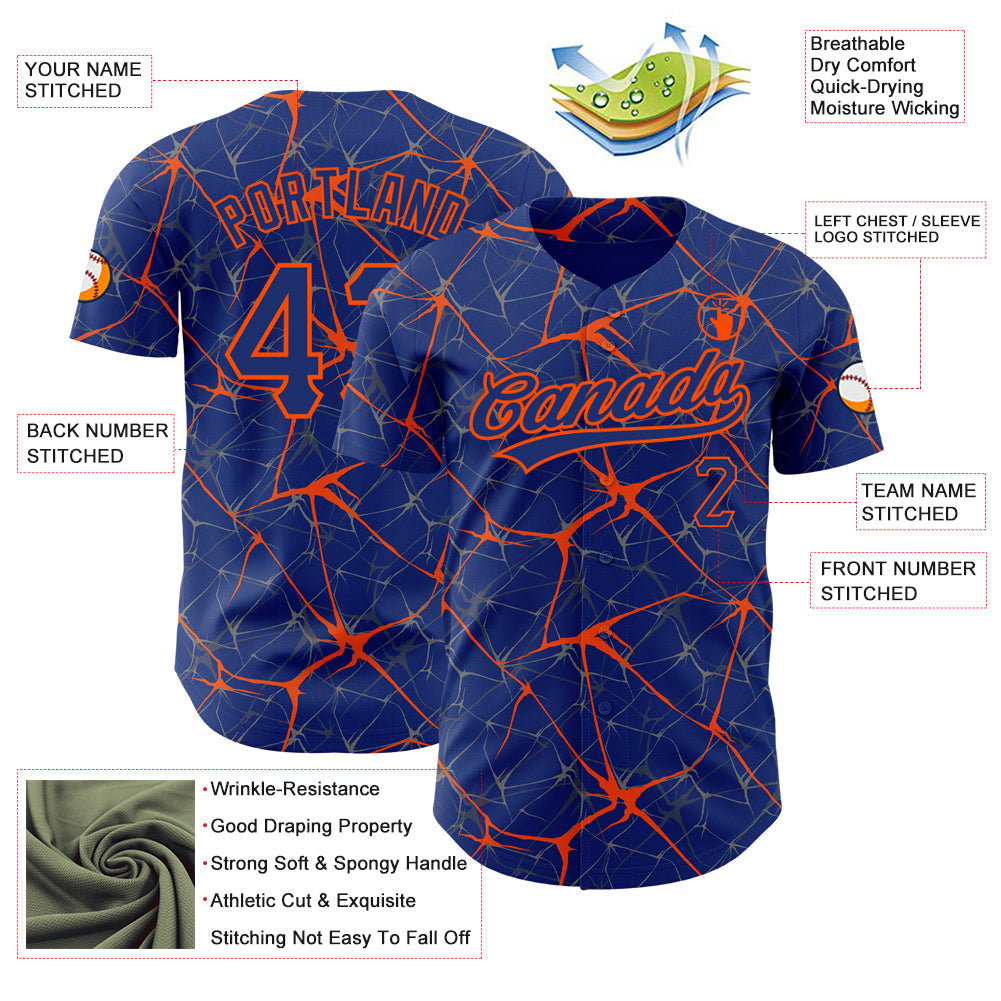 Custom Royal Orange 3D Pattern Design Abstract Network Authentic Baseball Jersey view 3