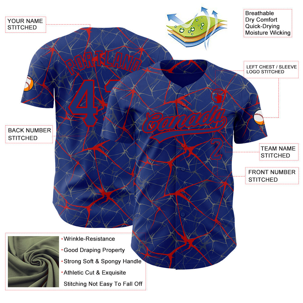 Custom Royal Red 3D Pattern Design Abstract Network Authentic Baseball Jersey view 3