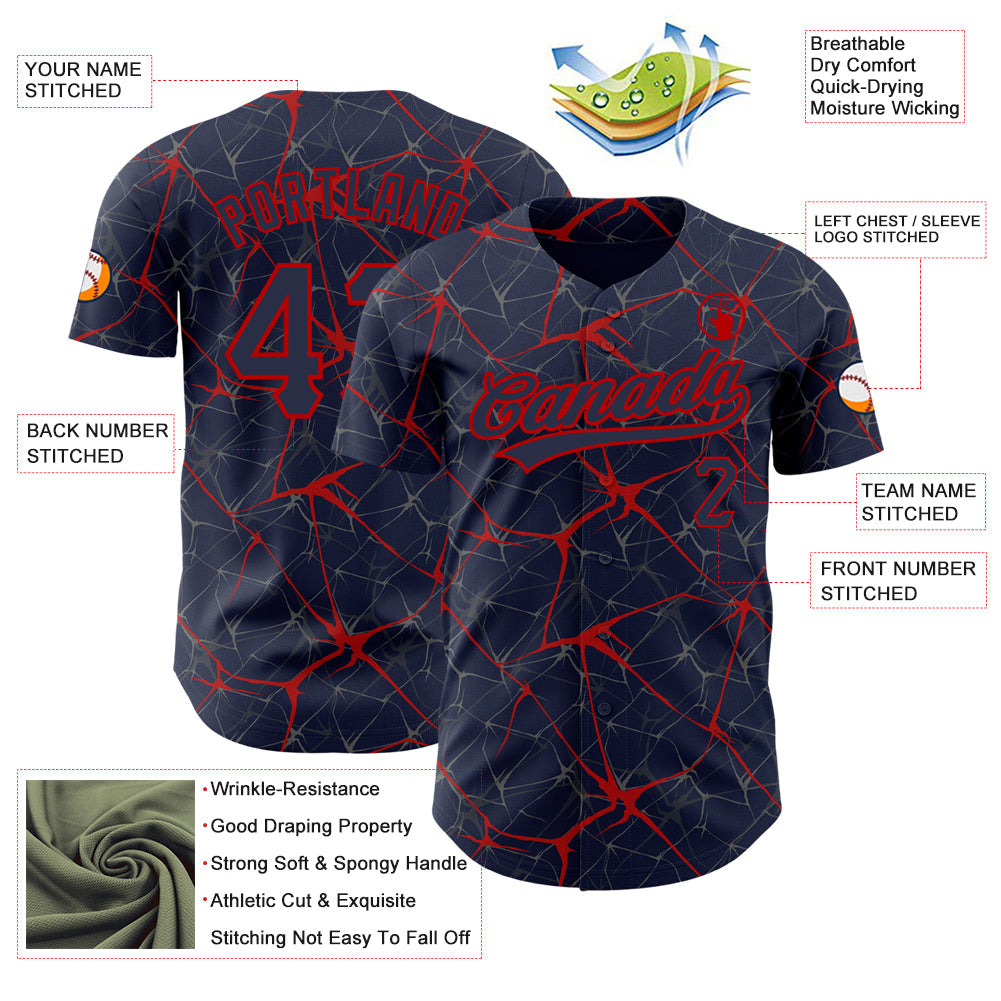 Custom Navy Red 3D Pattern Design Abstract Network Authentic Baseball Jersey view 3