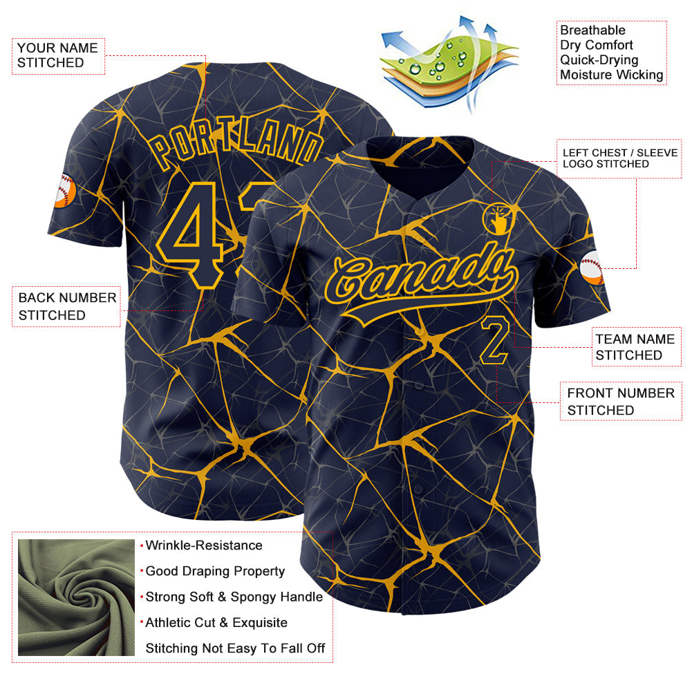 Custom Navy Gold 3D Pattern Design Abstract Network Authentic Baseball Jersey view 3