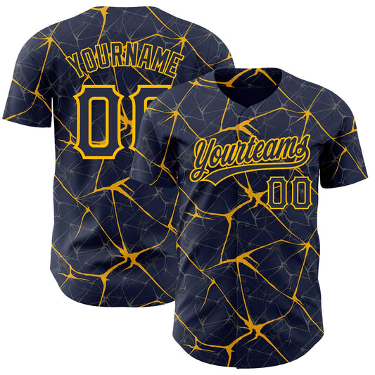 Custom Navy Gold 3D Pattern Design Abstract Network Authentic Baseball Jersey - Main View