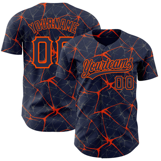 Custom Navy Orange 3D Pattern Design Abstract Network Authentic Baseball Jersey - Main View