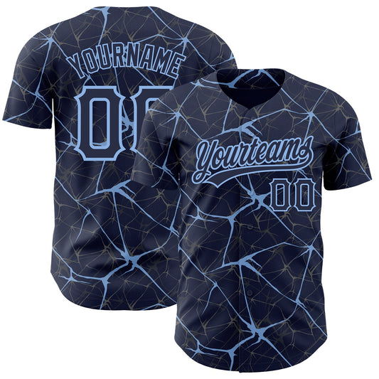 Custom Navy Light Blue 3D Pattern Design Abstract Network Authentic Baseball Jersey - Main View