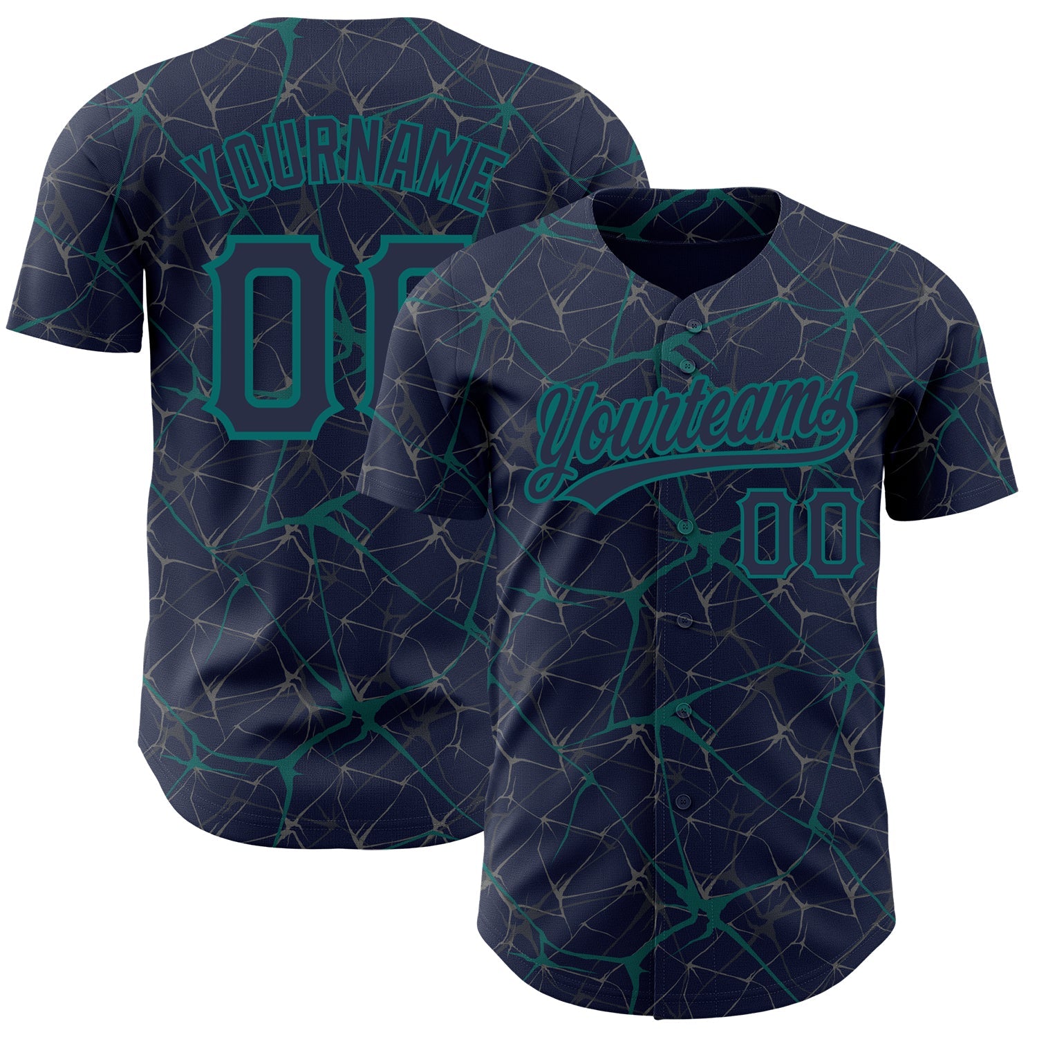 Custom Navy Teal 3D Pattern Design Abstract Network Authentic Baseball Jersey - Main View