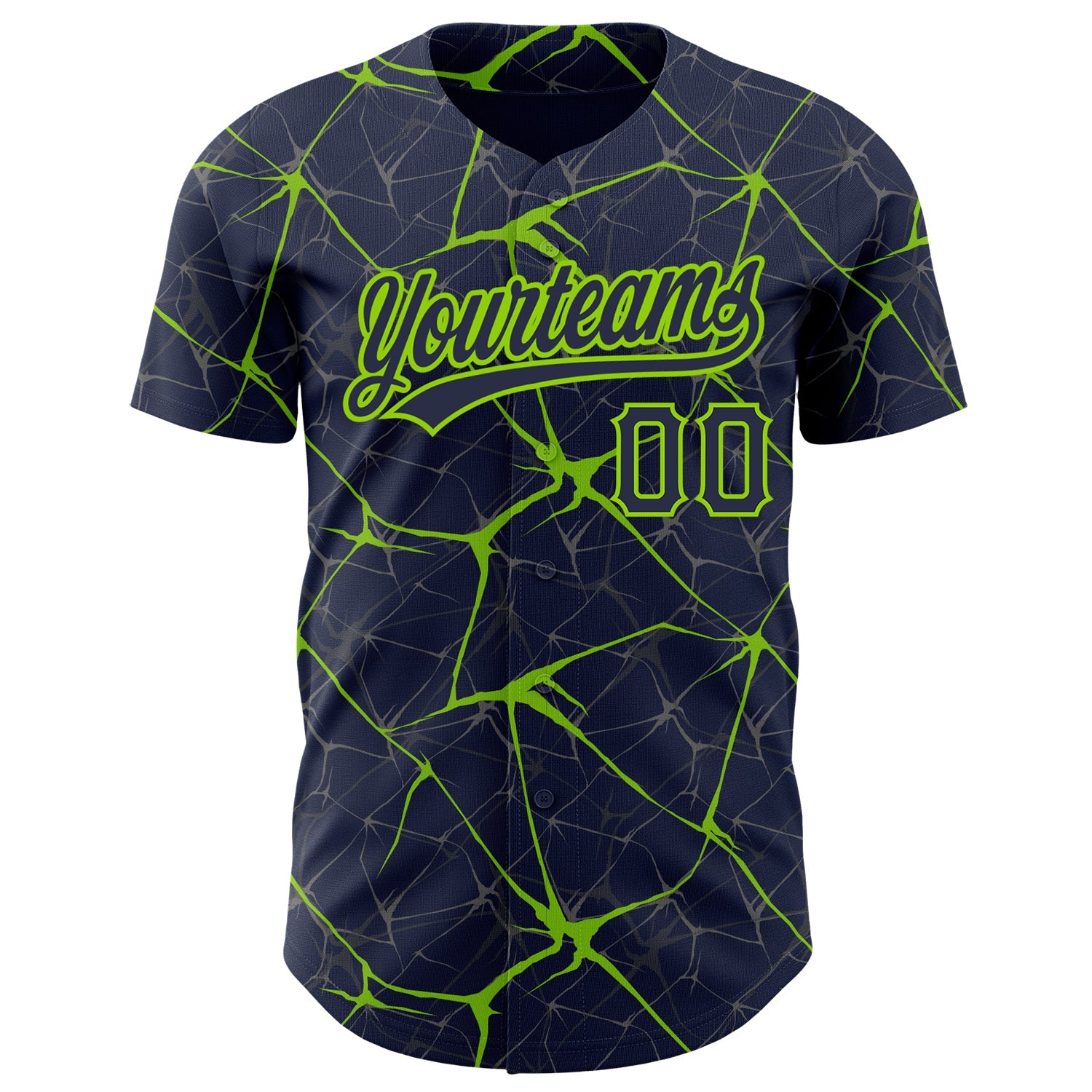 Custom Navy Neon Green 3D Pattern Design Abstract Network Authentic Baseball Jersey view 2