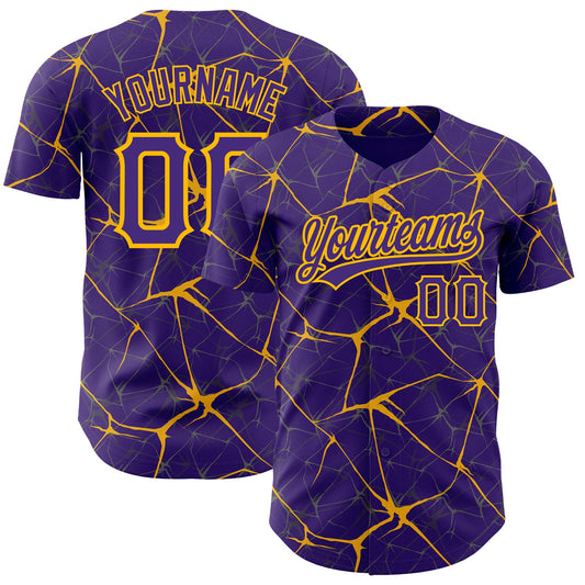 Custom Purple Gold 3D Pattern Design Abstract Network Authentic Baseball Jersey - Main View
