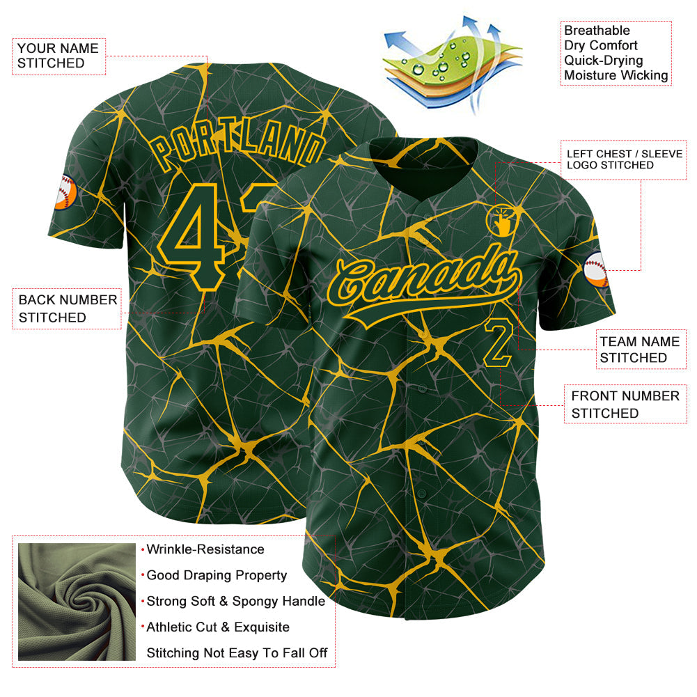 Custom Green Gold 3D Pattern Design Abstract Network Authentic Baseball Jersey view 3