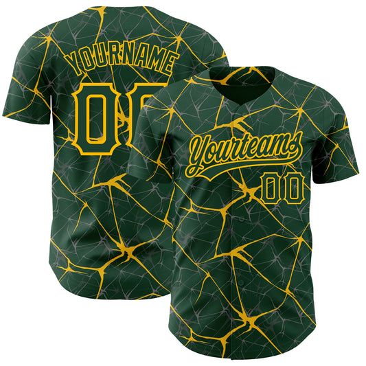 Custom Green Gold 3D Pattern Design Abstract Network Authentic Baseball Jersey - Main View