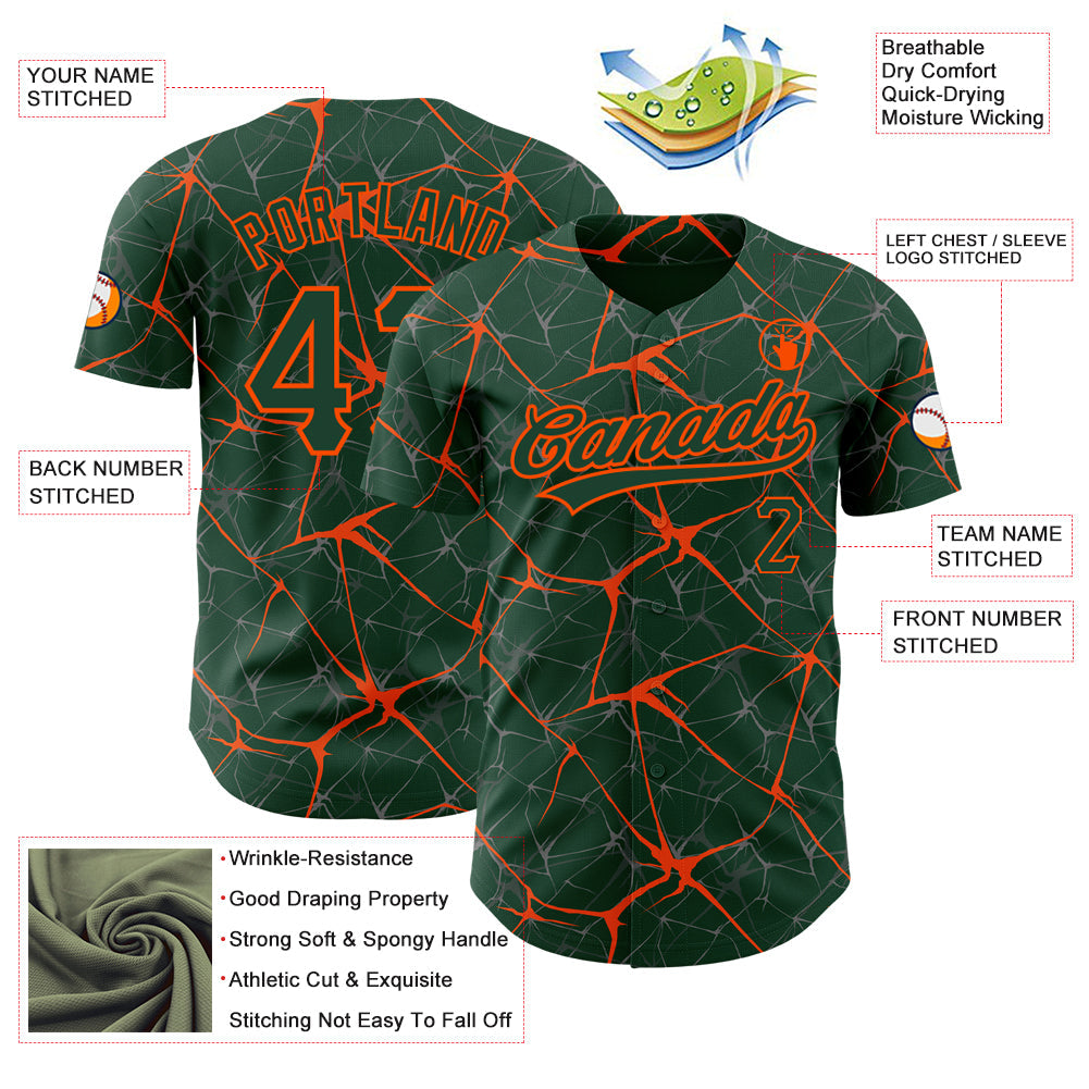 Custom Green Orange 3D Pattern Design Abstract Network Authentic Baseball Jersey view 3