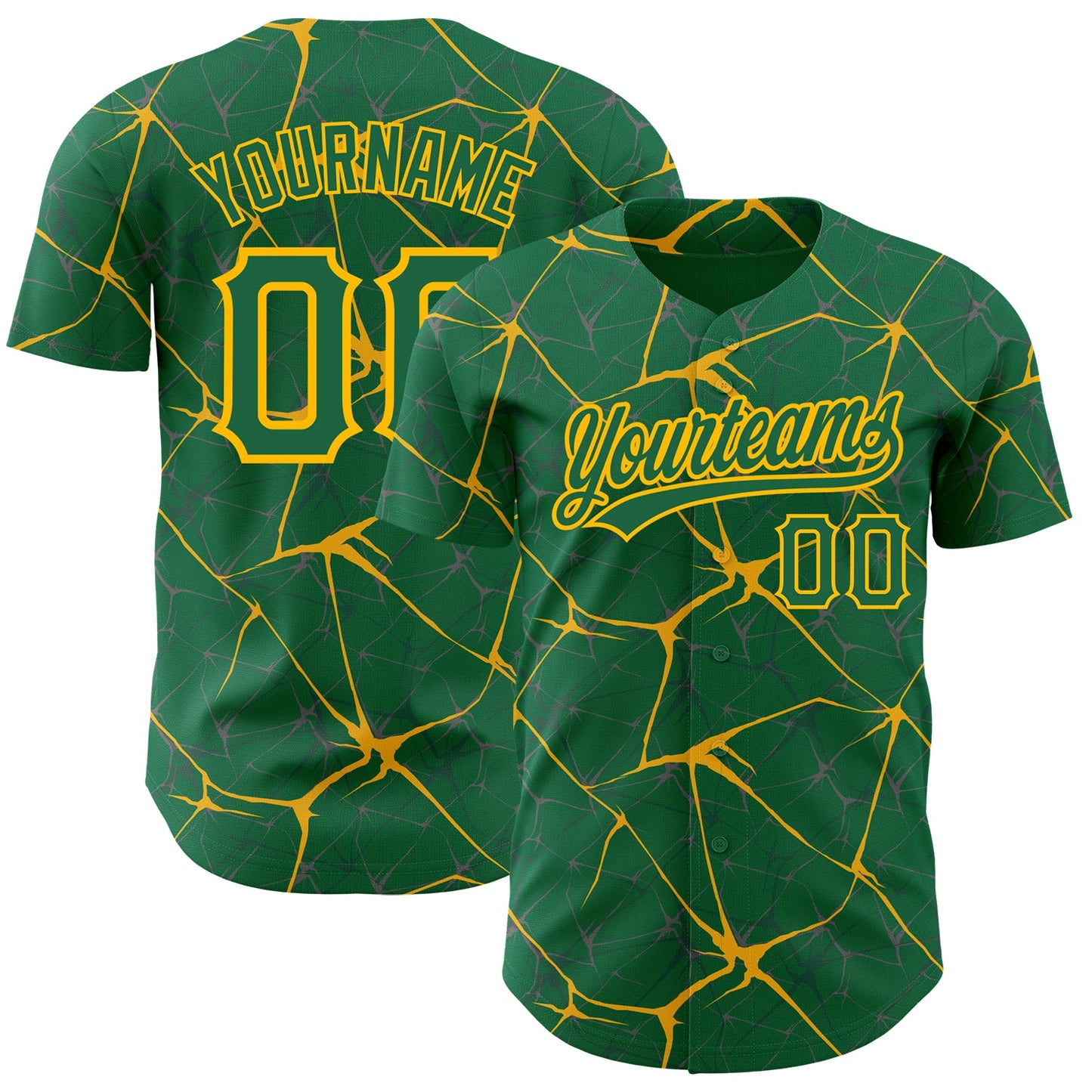 Custom Kelly Green Gold 3D Pattern Design Abstract Network Authentic Baseball Jersey - Main View