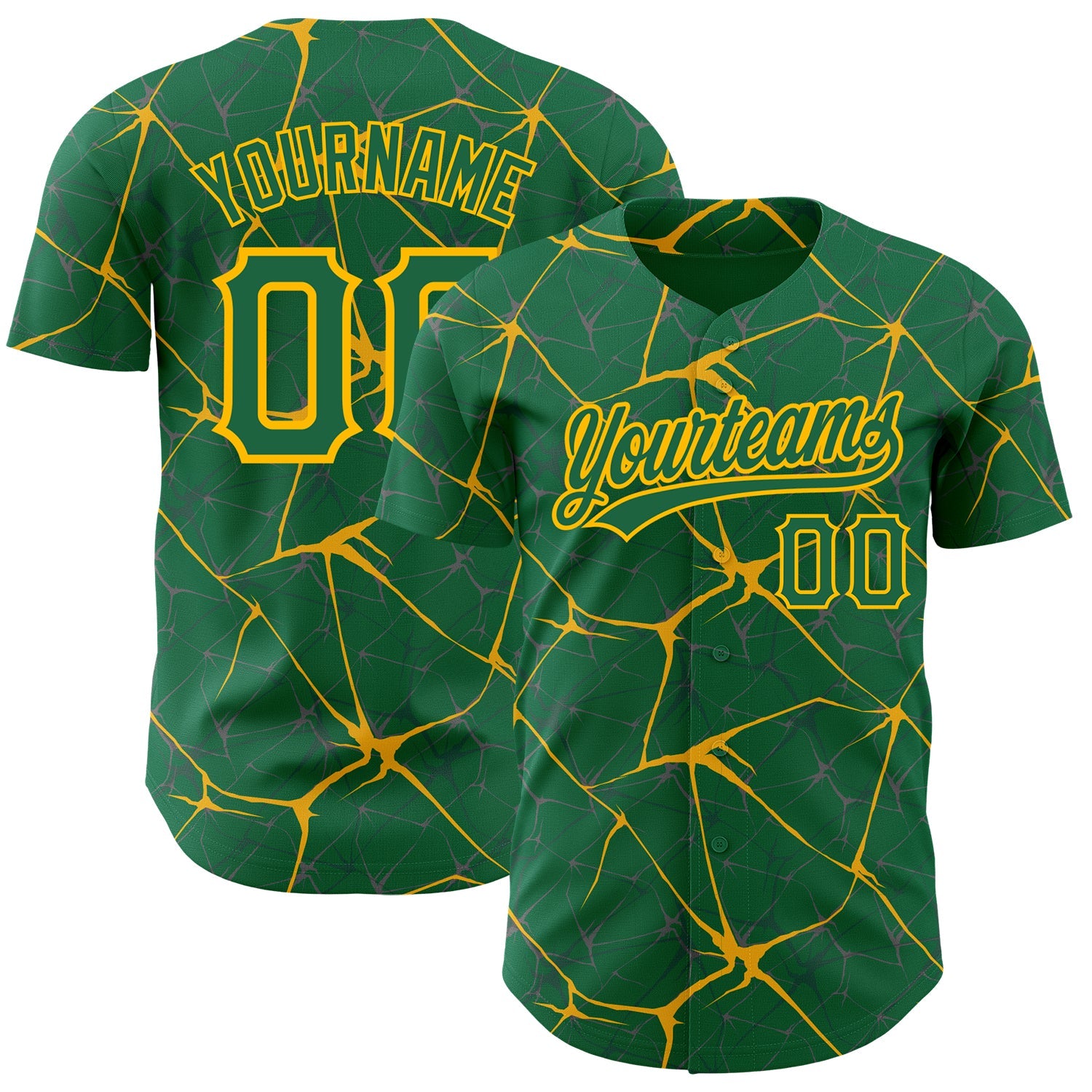 Custom Kelly Green Gold 3D Pattern Design Abstract Network Authentic Baseball Jersey - Main View