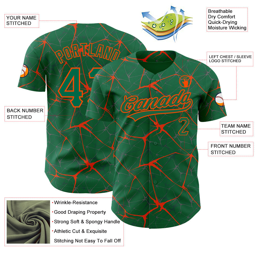 Custom Kelly Green Orange 3D Pattern Design Abstract Network Authentic Baseball Jersey view 3