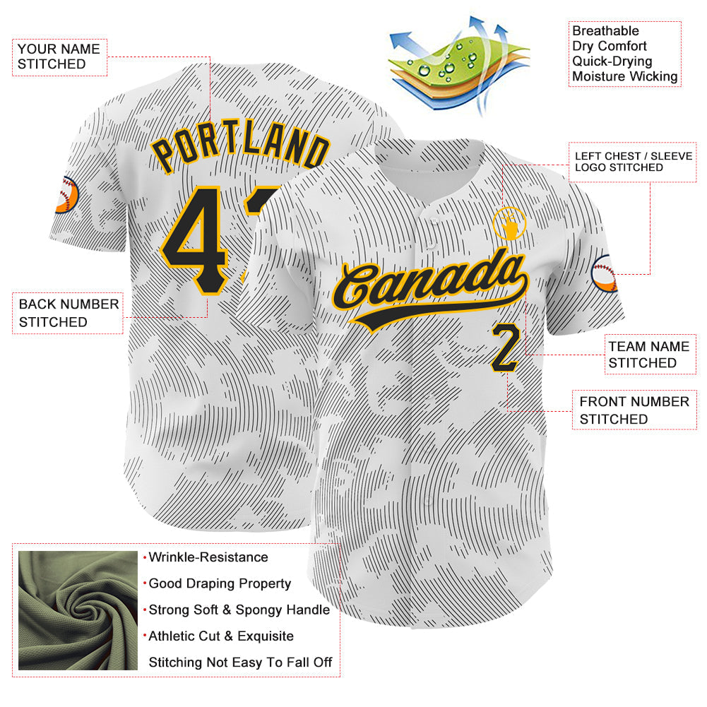 Custom White Black-Gold 3D Pattern Design Curve Lines Authentic Baseball Jersey view 3