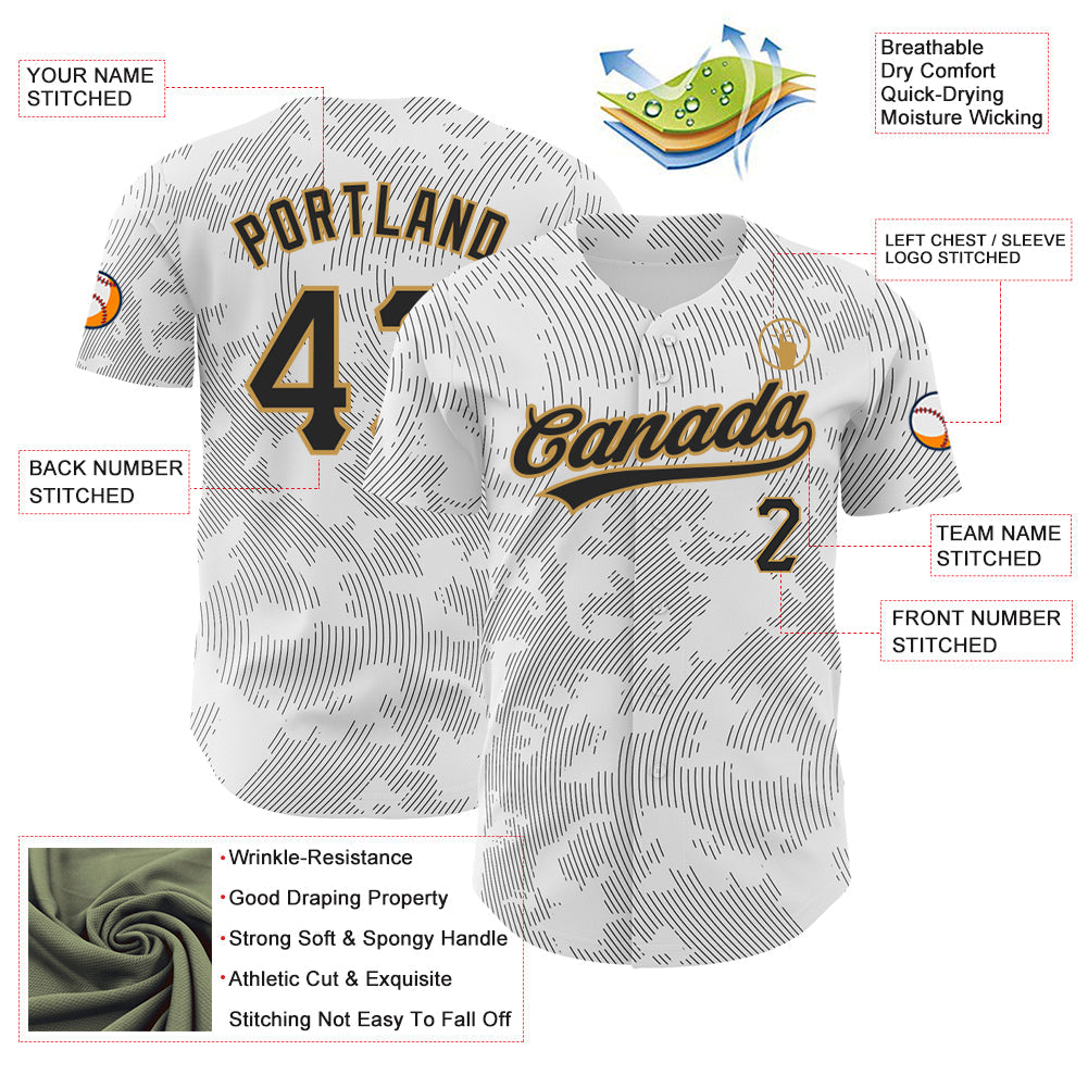Custom White Black-Old Gold 3D Pattern Design Curve Lines Authentic Baseball Jersey view 3