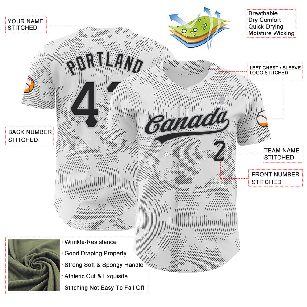 Custom White Black-Gray 3D Pattern Design Curve Lines Authentic Baseball Jersey view 3